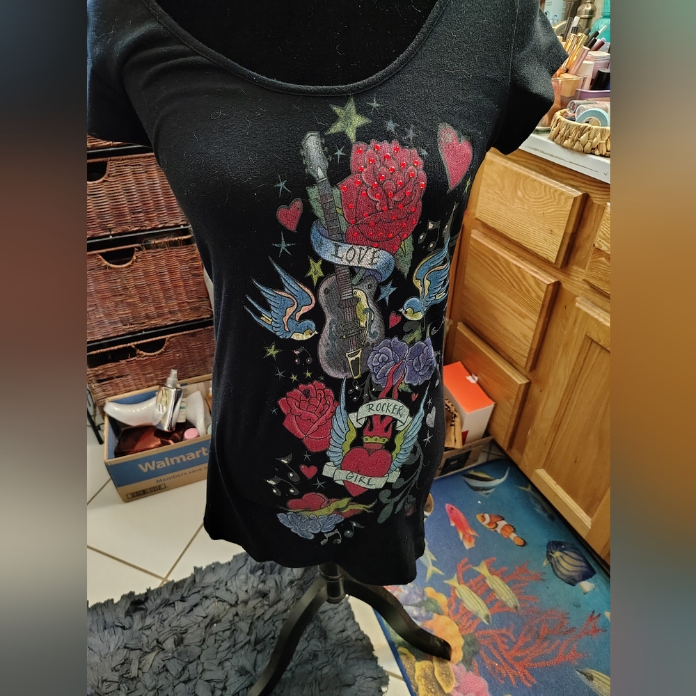 Vintage Black Graphic Tunic Tee with Rocker Tattoo Design/ SZ L/ Cotton